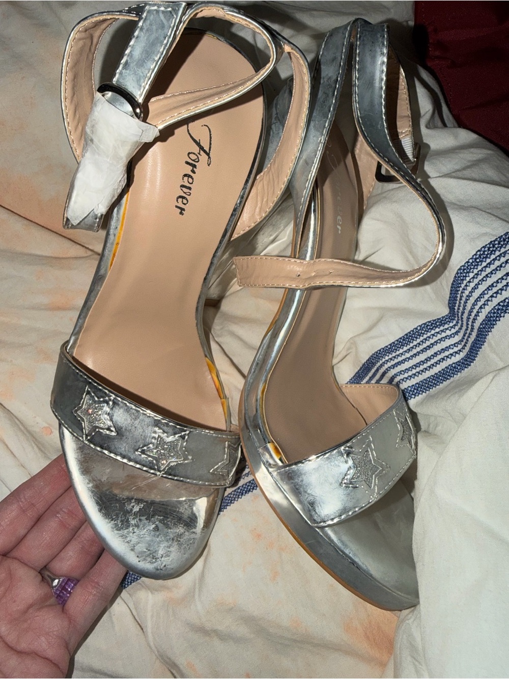 Silver Star-Accent Ankle-Strap Heels